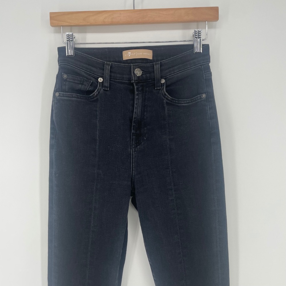 7 For All Mankind Luxe Vintage High Rise Flare Jeans Black Raw Hem Size 25 - Picture 2 of 11